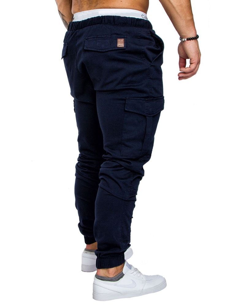 Pantalon Décontracté Kaki Uni À Poche À Lacets Pour Hommes