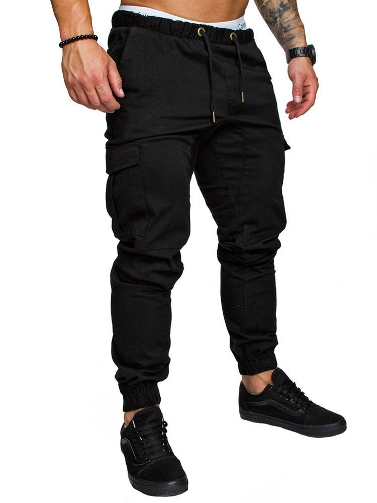 Pantalon Décontracté Kaki Uni À Poche À Lacets Pour Hommes