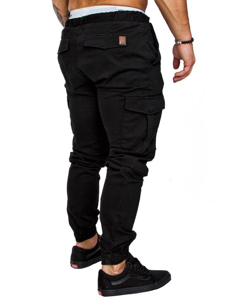 Pantalon Décontracté Kaki Uni À Poche À Lacets Pour Hommes