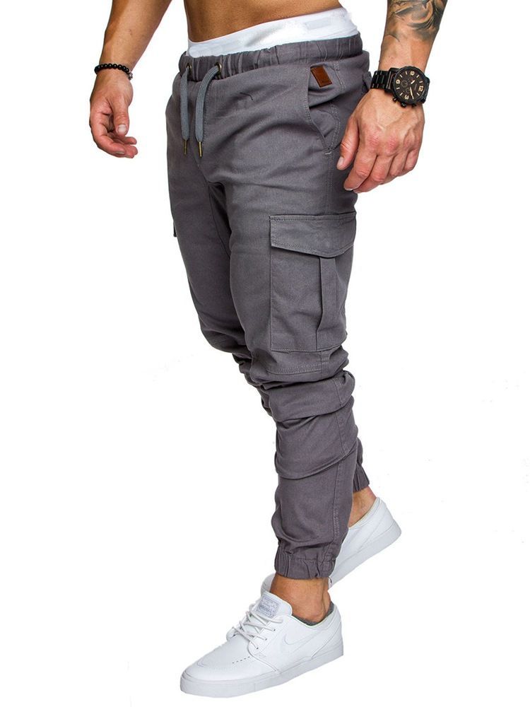 Pantalon Décontracté Kaki Uni À Poche À Lacets Pour Hommes