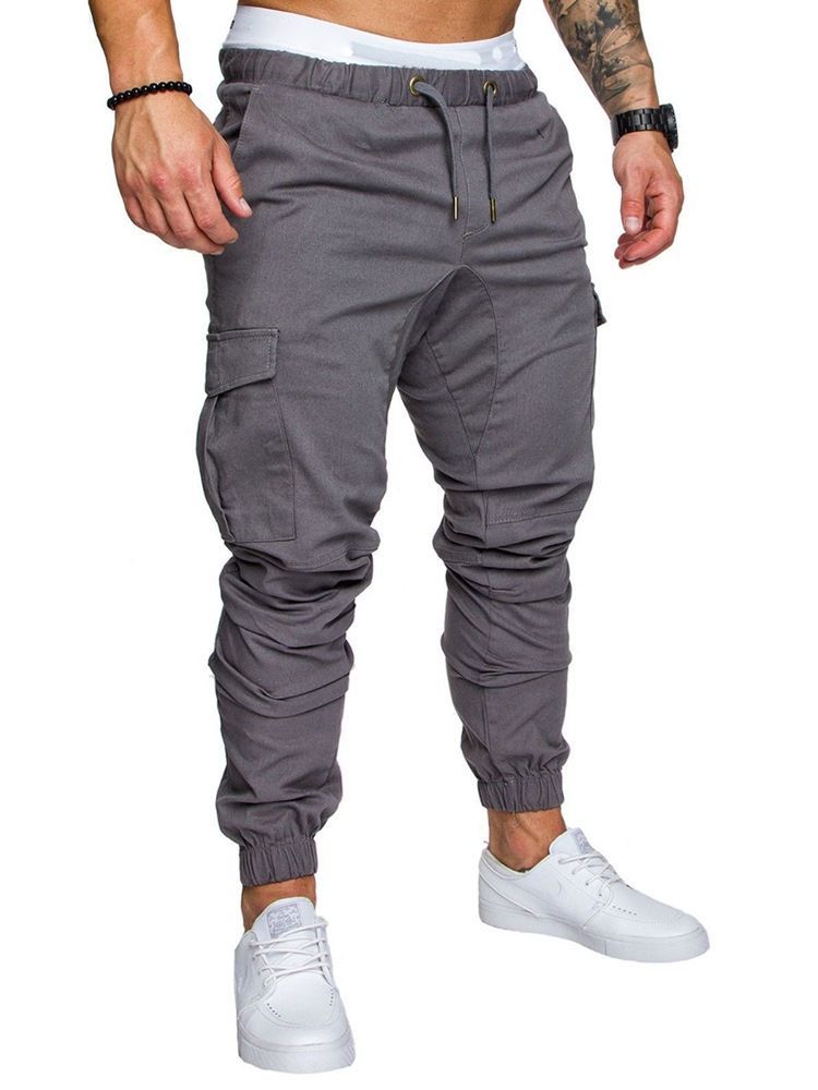 Pantalon Décontracté Kaki Uni À Poche À Lacets Pour Hommes