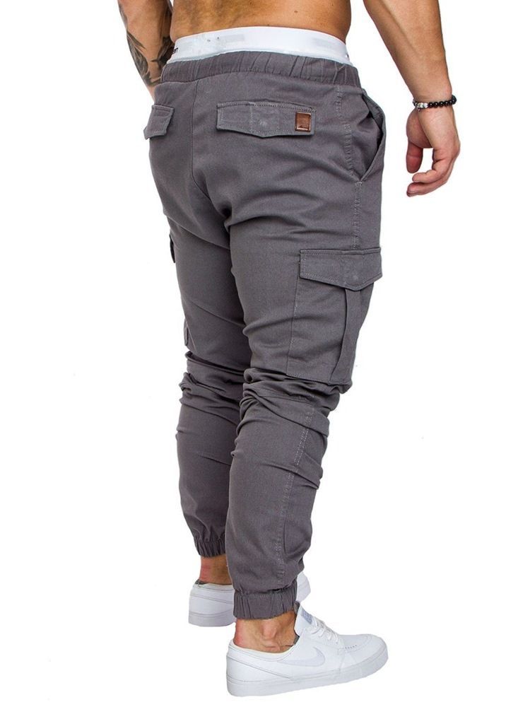 Pantalon Décontracté Kaki Uni À Poche À Lacets Pour Hommes