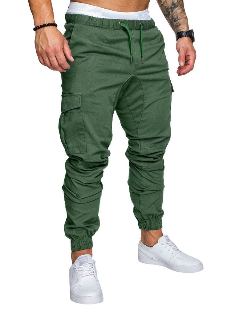 Pantalon Décontracté Kaki Uni À Poche À Lacets Pour Hommes