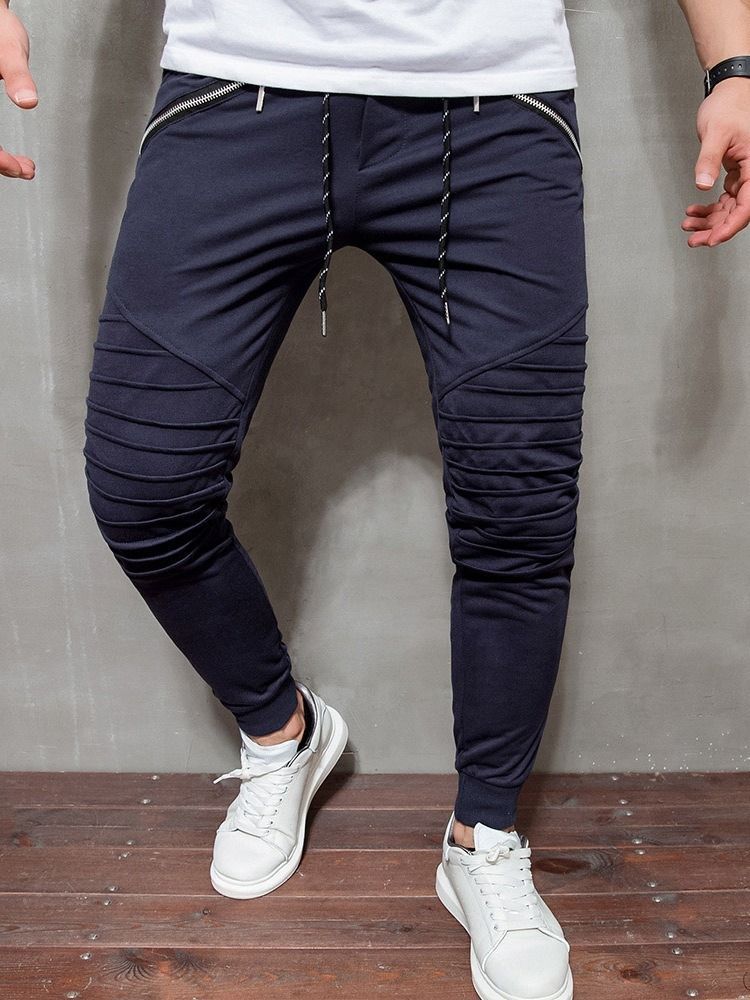 Pantalon Décontracté À Lacets À Glissière De Couleur Unie Pour Hommes