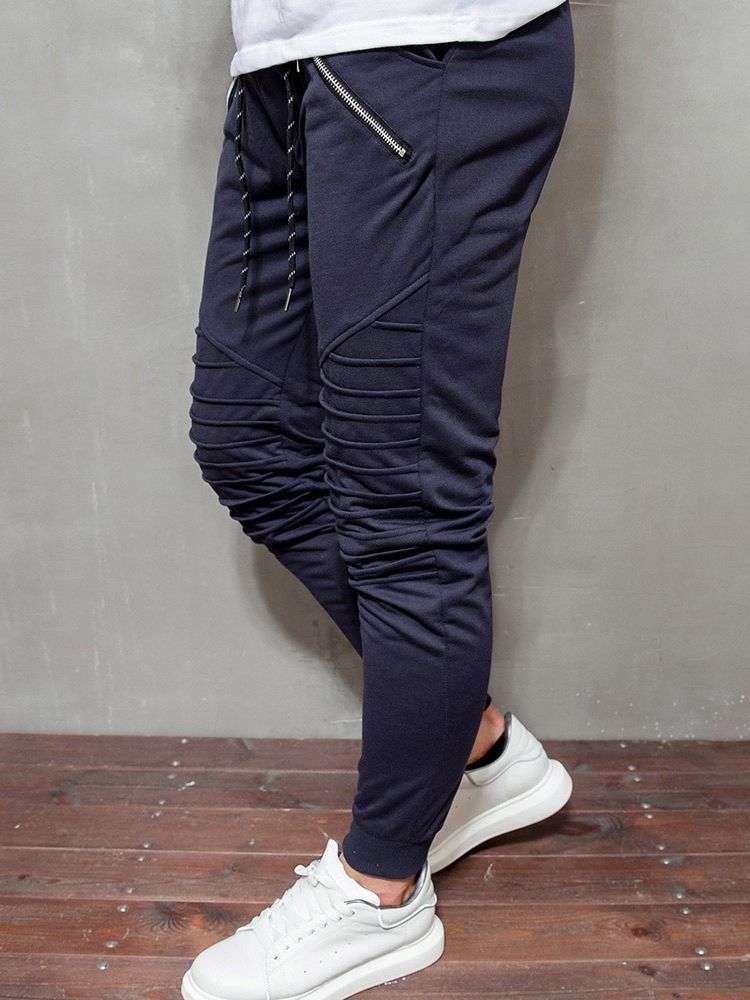 Pantalon Décontracté À Lacets À Glissière De Couleur Unie Pour Hommes