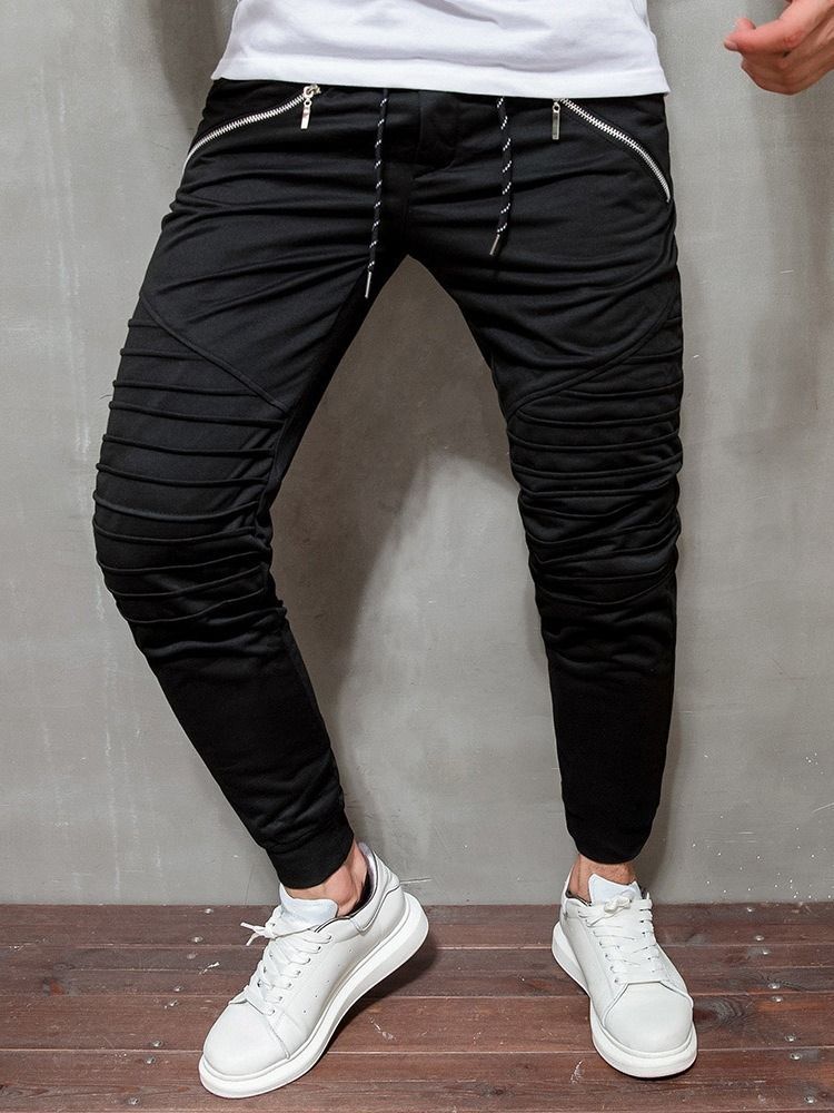 Pantalon Décontracté À Lacets À Glissière De Couleur Unie Pour Hommes