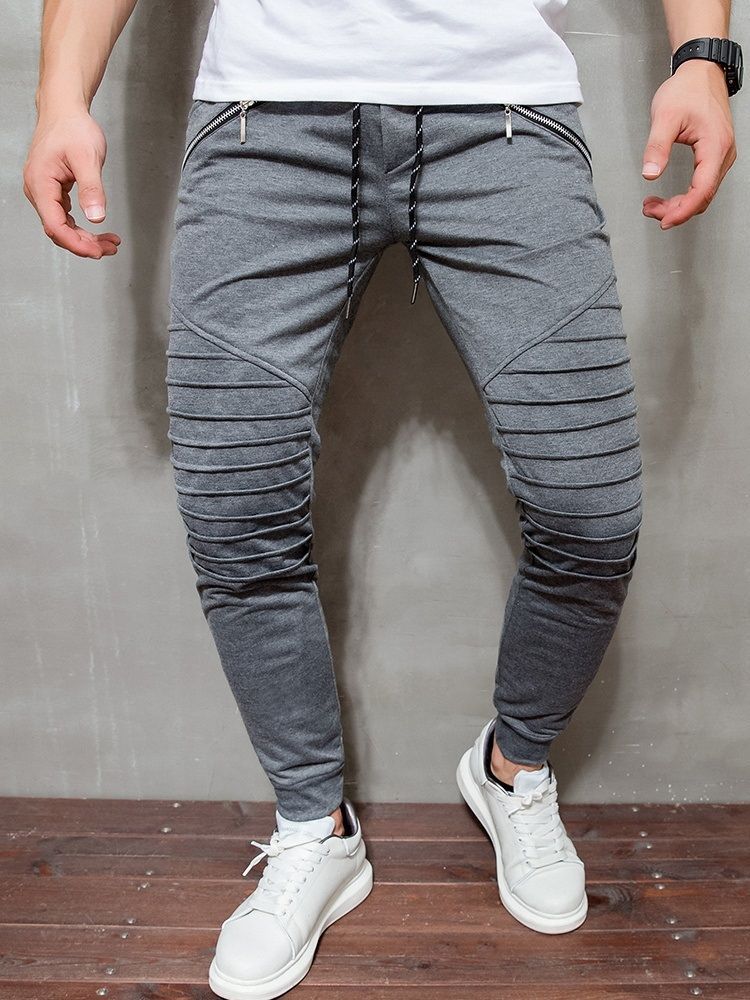 Pantalon Décontracté À Lacets À Glissière De Couleur Unie Pour Hommes