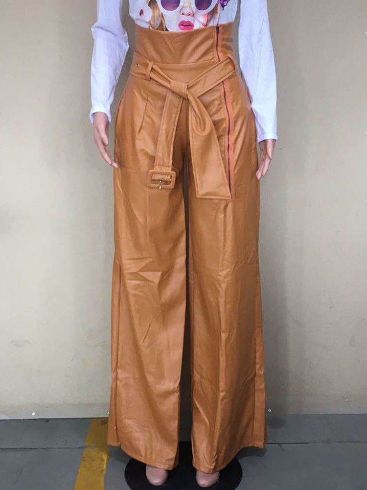 Pantalon Décontracté À Lacets Uni À Jambes Larges Et Taille Haute Pour Femmes