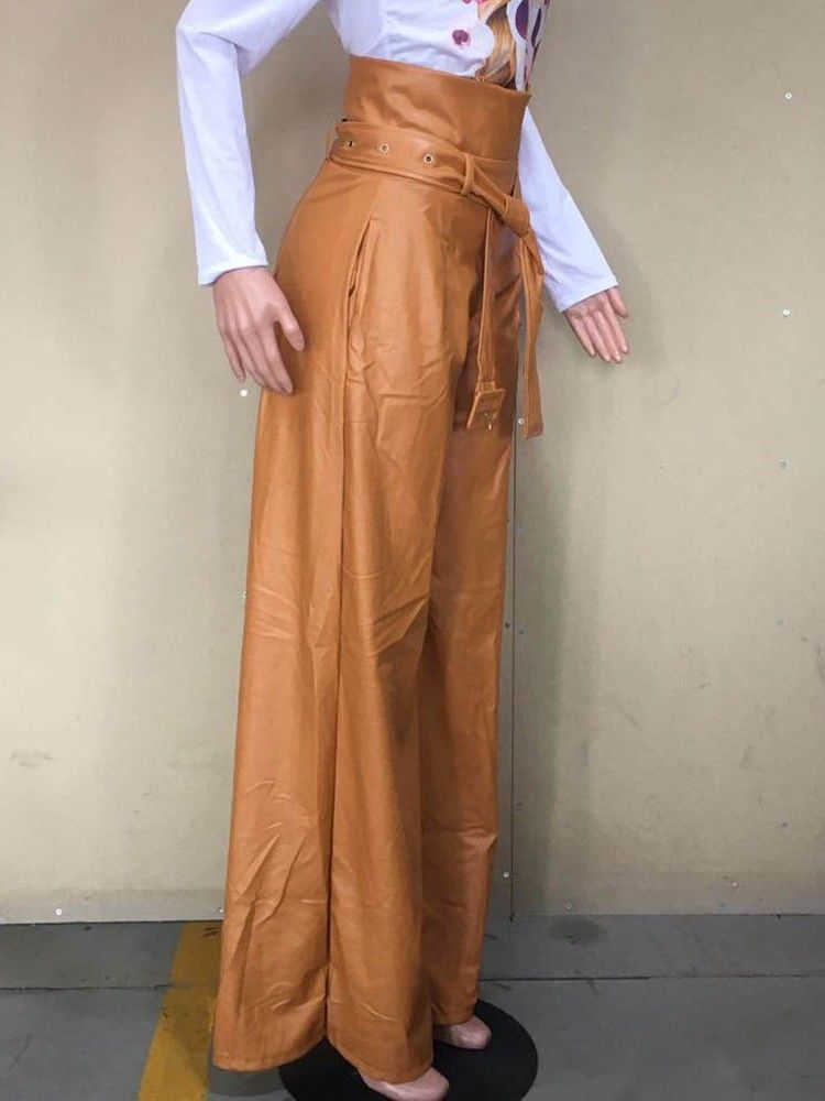 Pantalon Décontracté À Lacets Uni À Jambes Larges Et Taille Haute Pour Femmes