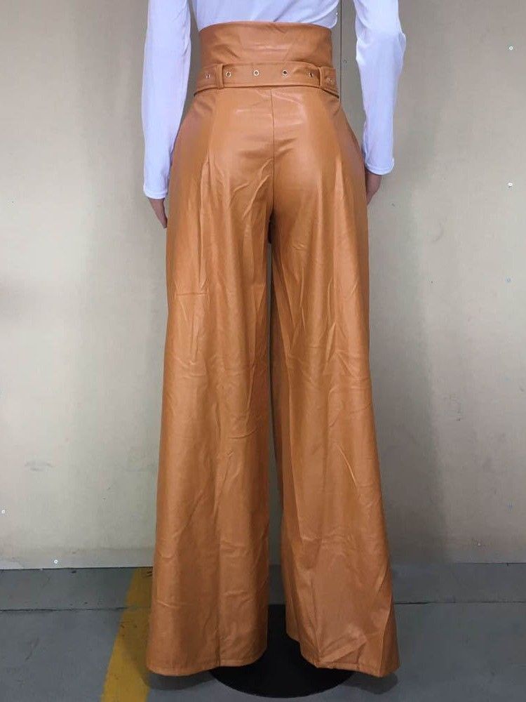 Pantalon Décontracté À Lacets Uni À Jambes Larges Et Taille Haute Pour Femmes