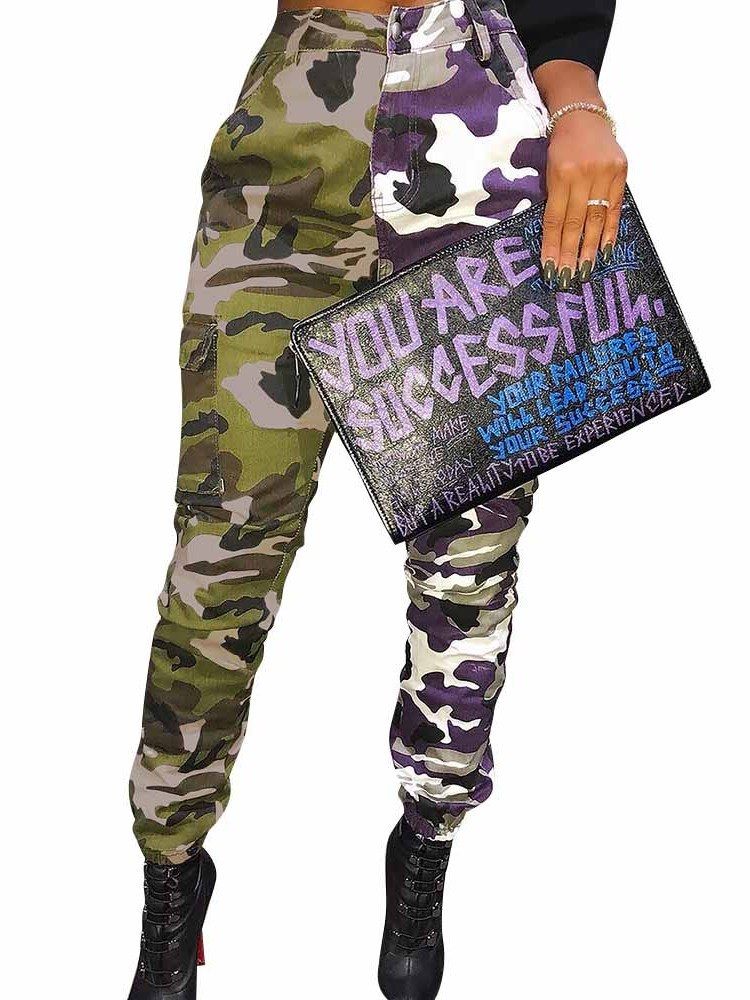 Pantalon Décontracté En Patchwork À Taille Haute Et Imprimé Camouflage Pour Femmes