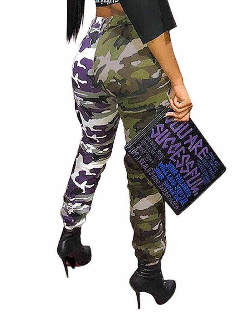 Pantalon Décontracté En Patchwork À Taille Haute Et Imprimé Camouflage Pour Femmes