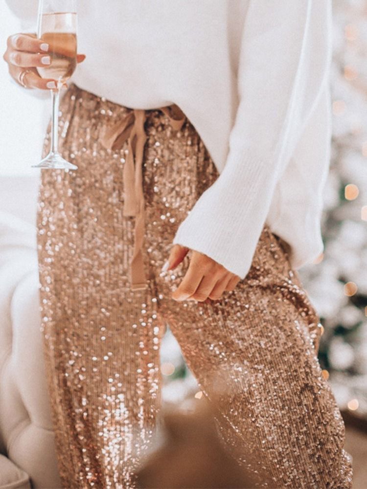 Pantalon Décontracté À Taille Haute Et À Paillettes Pour Femmes