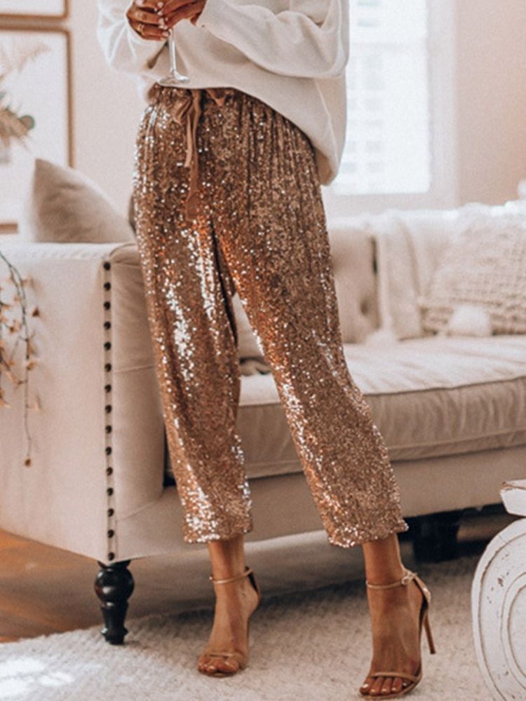 Pantalon Décontracté À Taille Haute Et À Paillettes Pour Femmes