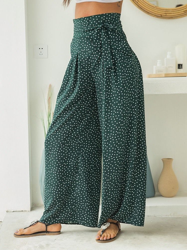 Pantalon Décontracté Taille Haute À Lacets Et À Pois Pour Femmes