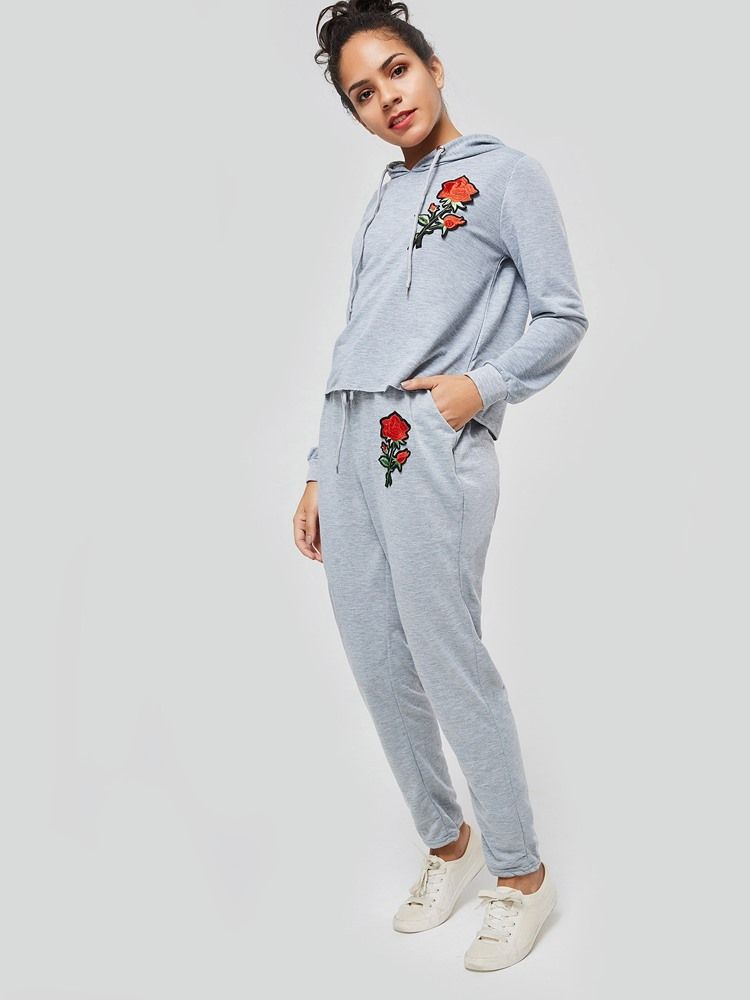 Pantalon Décontracté Uni À Broderie Florale Pour Femmes