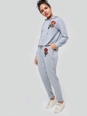 Pantalon Décontracté Uni À Broderie Florale Pour Femmes