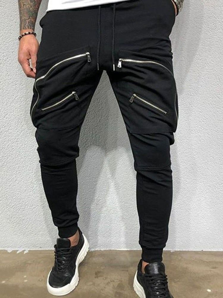 Pantalon Décontracté Uni À Fermeture Éclair Et À Lacets À Taille Moyenne Pour Hommes