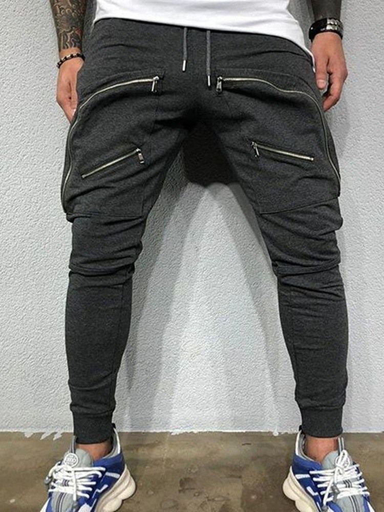 Pantalon Décontracté Uni À Fermeture Éclair Et À Lacets À Taille Moyenne Pour Hommes