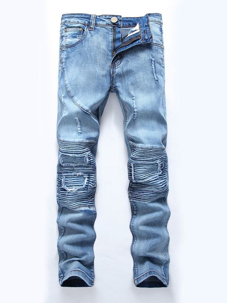 Pantalon En Denim Pour Hommes En Patchwork Mince Usé