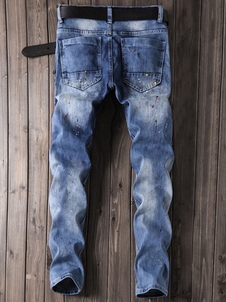 Pantalon Unique Pour Hommes À Taille Moyenne Et À Fermeture Éclair En Denim À Blocs De Couleurs