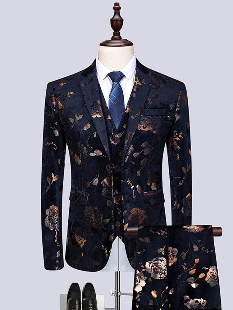 Costume De Robe De Soirée Décontractée Pour Hommes À Imprimé Floral 3 Pièces