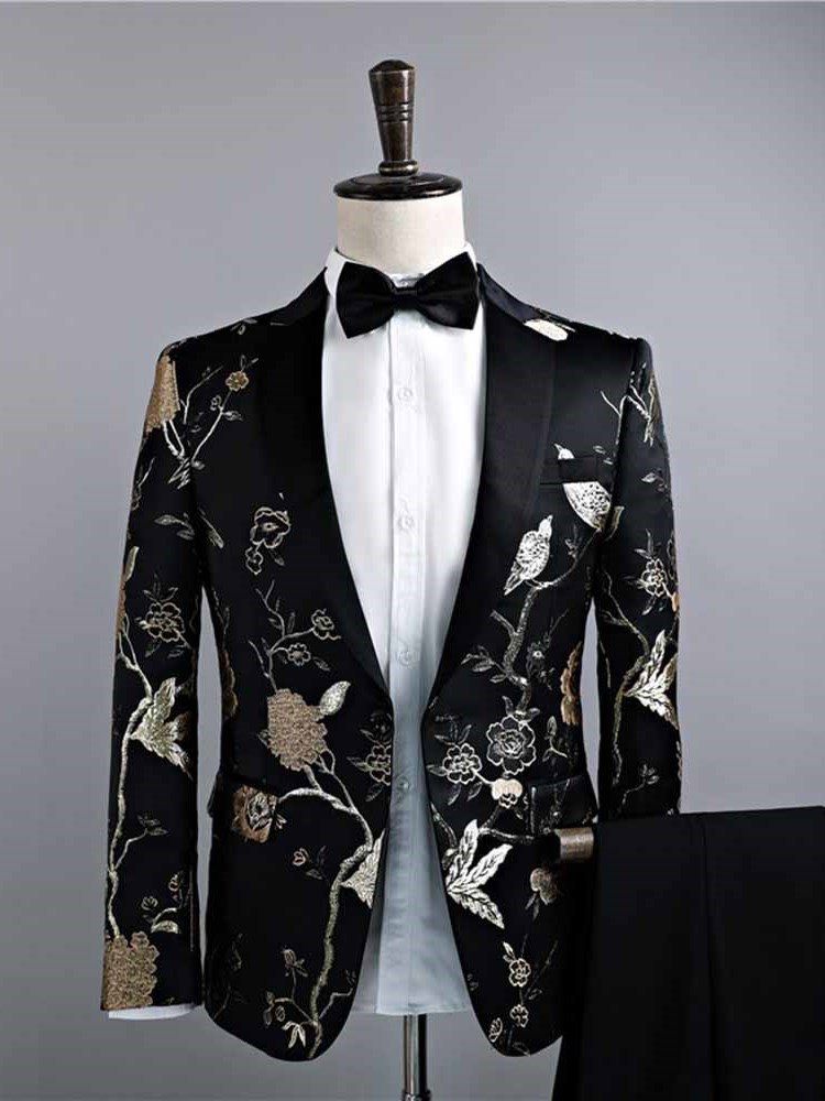 Costumes De Mariage Décontractés Pour Hommes À Imprimé Floral Noir