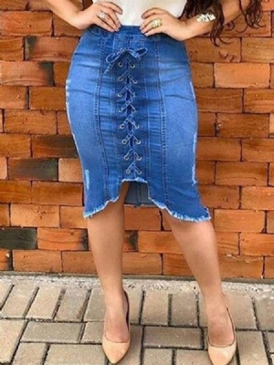 Jupe Asymétrique En Denim À Lacets Uni À Taille Moyenne Pour Femmes