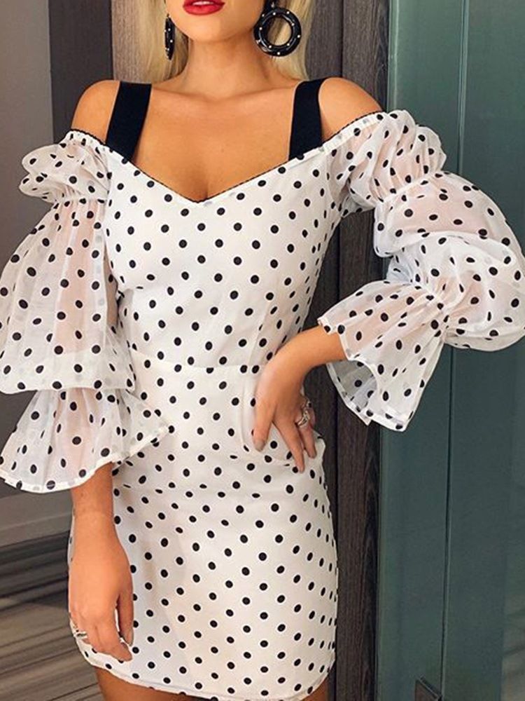 Au-dessus Du Genou Patchwork Neuf Points Manches Polka Dots Robe Moulante Femme