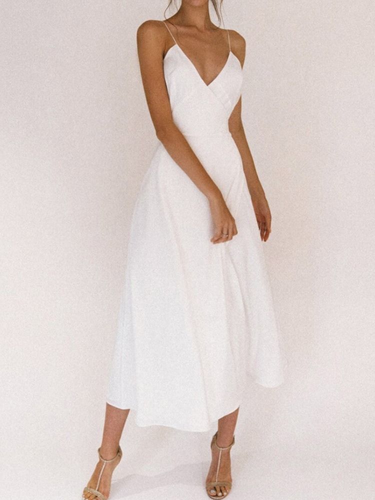 Mi-mollet Col En V Dos Nu Mode Robe Blanche Unie Robes De Plage Pour Les Femmes Robe D'invité De Mariage