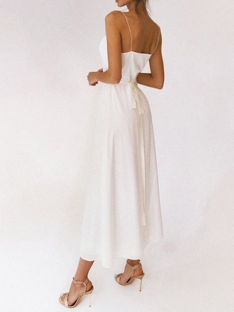 Mi-mollet Col En V Dos Nu Mode Robe Blanche Unie Robes De Plage Pour Les Femmes Robe D'invité De Mariage