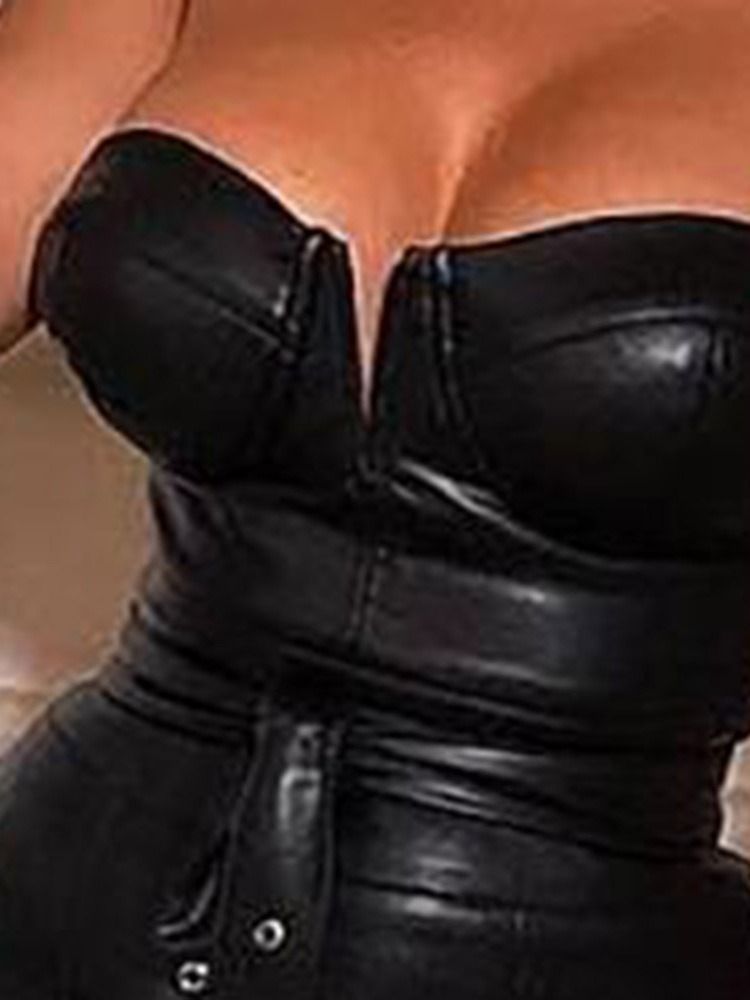 Petite Robe Noire Fendue Sexy Sans Bretelles En Pu Pour Femmes