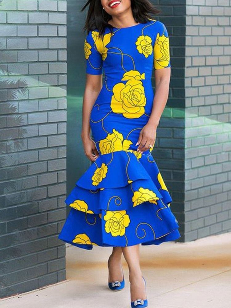 Robe Africaine À Imprimé Floral À Col Rond Et À Volants Pour Femmes