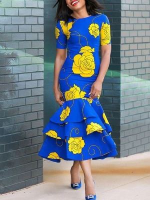 Robe Africaine À Imprimé Floral À Col Rond Et À Volants Pour Femmes