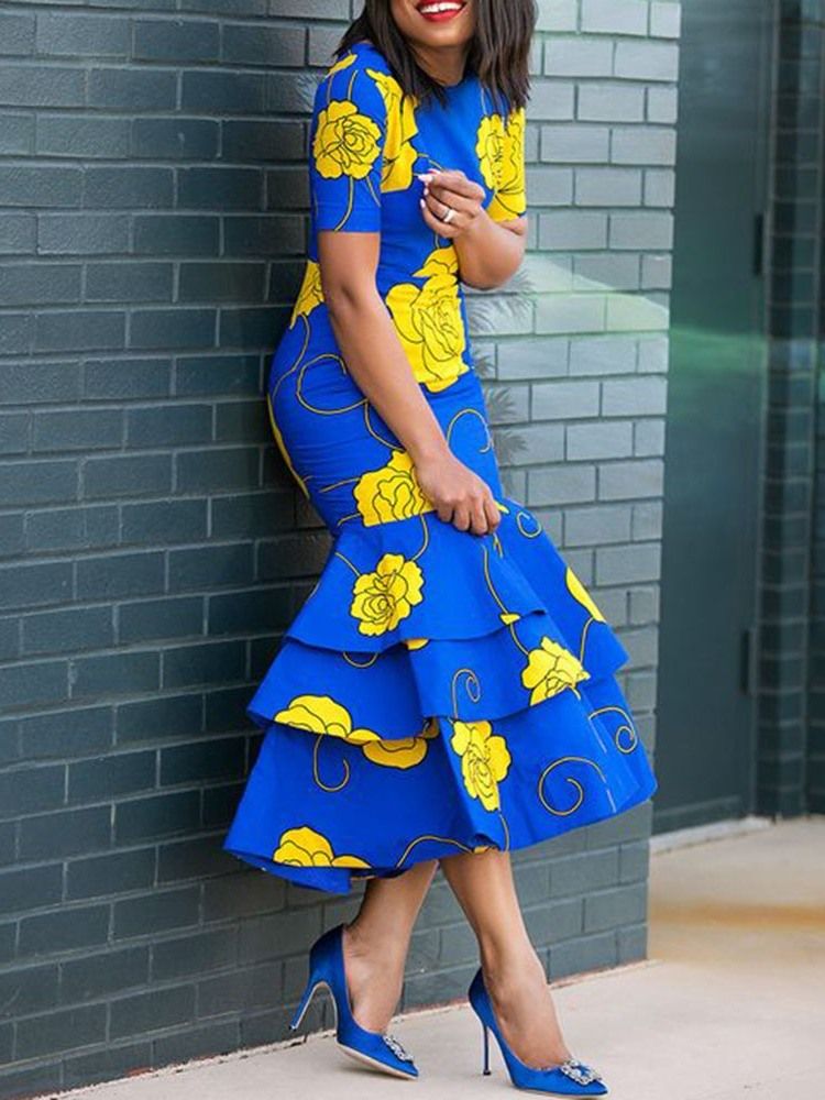 Robe Africaine À Imprimé Floral À Col Rond Et À Volants Pour Femmes