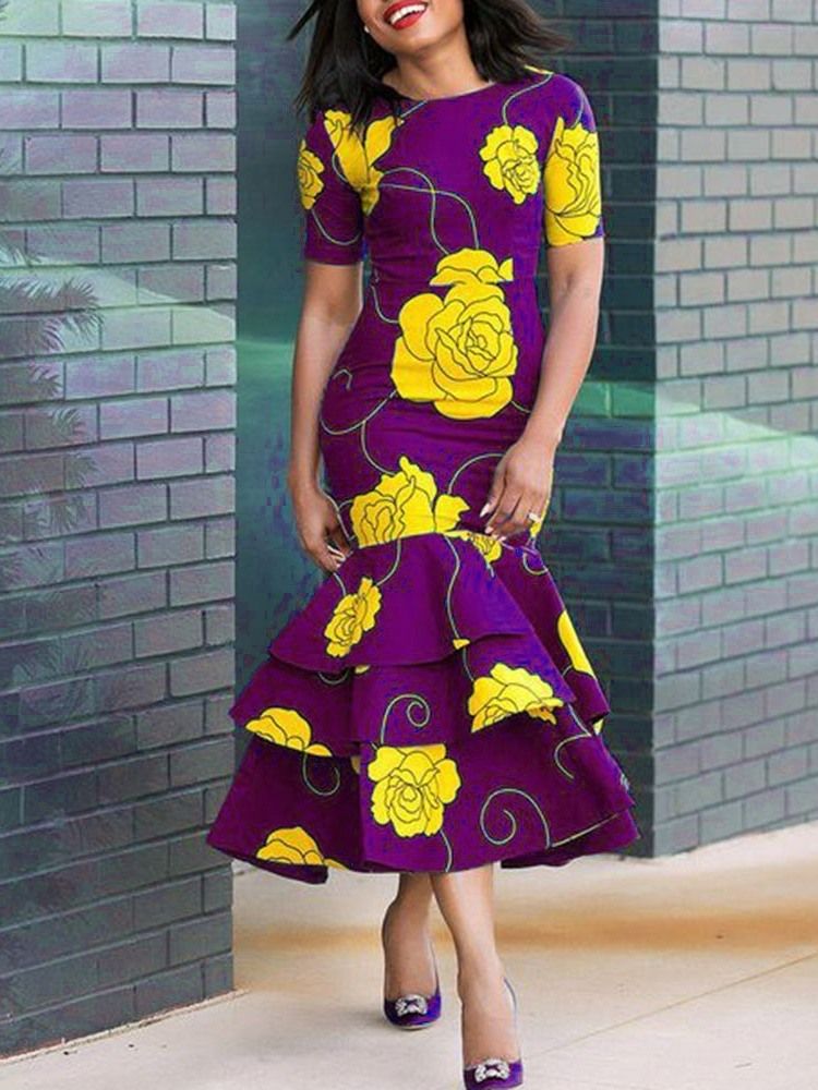 Robe Africaine À Imprimé Floral À Col Rond Et À Volants Pour Femmes