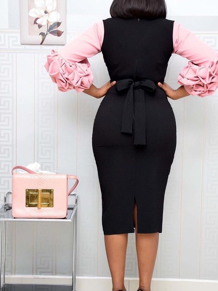 Robe De Cocktail Taille Haute Plissée À Col Rond Et À Neuf Points Pour Femmes