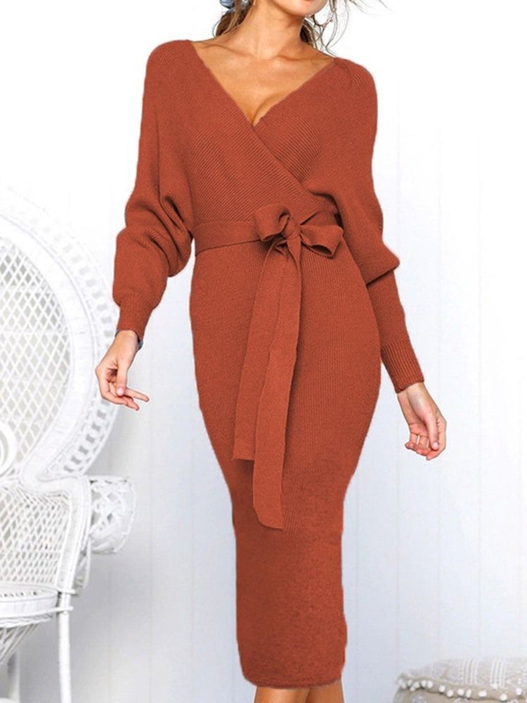 Robe D'hiver À Manches Longues Et À Encolure En V Pour Femmes