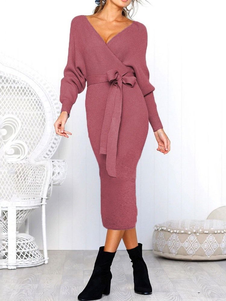 Robe D'hiver À Manches Longues Et À Encolure En V Pour Femmes