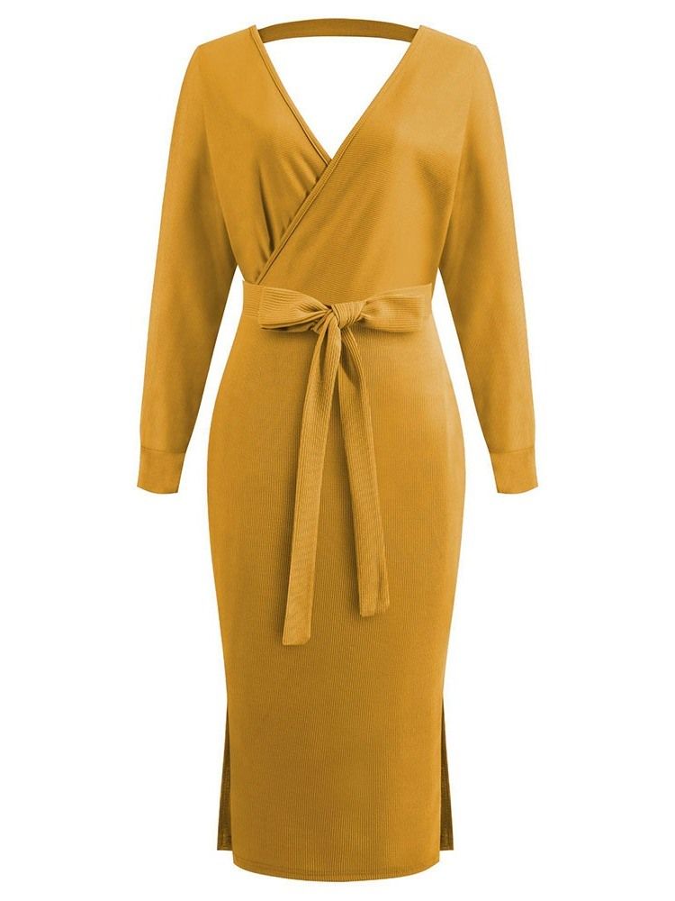 Robe D'hiver À Manches Longues Et À Encolure En V Pour Femmes