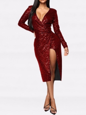 Robe D'hiver À Taille Mi-mollet À Col En V Et Paillettes Pour Femmes