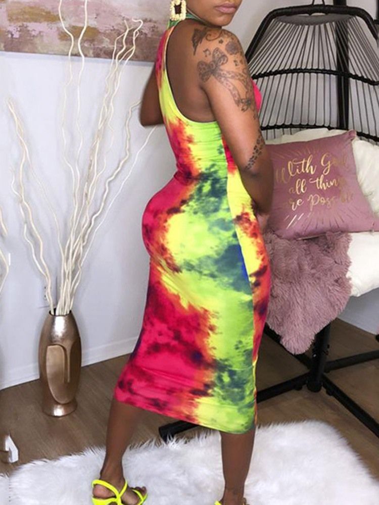 Robe À Enfiler Sans Manches À Taille Mi-mollet Tie-dye Pour Femme