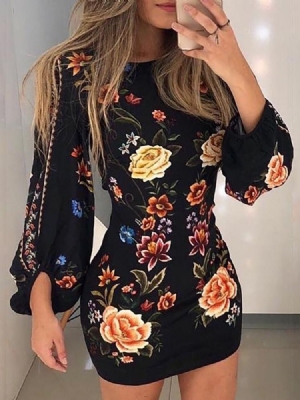 Robe Fleurie Taille Haute À Manches Lanternes Imprimées Au-dessus Du Genou Pour Femmes