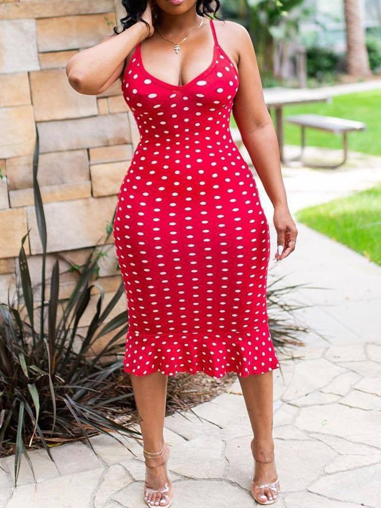 Robe Imprimée À Pois Mi-mollet Sans Manches À Taille Moyenne Pour Femme