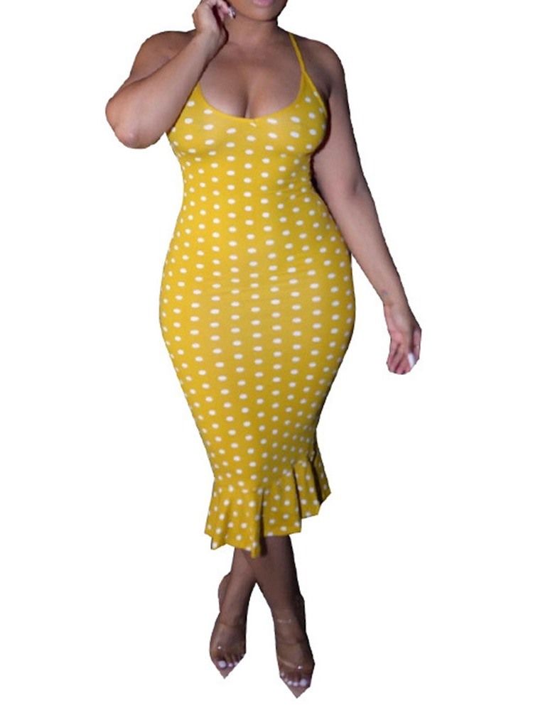 Robe Imprimée À Pois Mi-mollet Sans Manches À Taille Moyenne Pour Femme