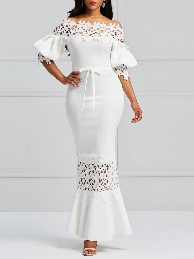 Robe Longue En Dentelle Blanche À Manches Lanternes Pour Femmes