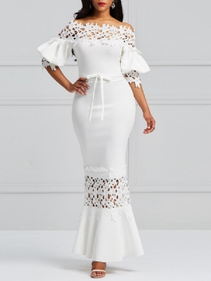 Robe Longue En Dentelle Blanche À Manches Lanternes Pour Femmes