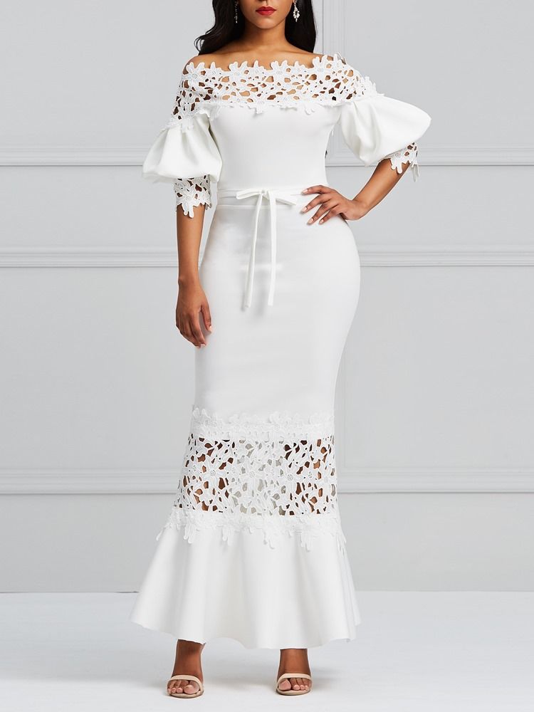 Robe Longue En Dentelle Blanche À Manches Lanternes Pour Femmes