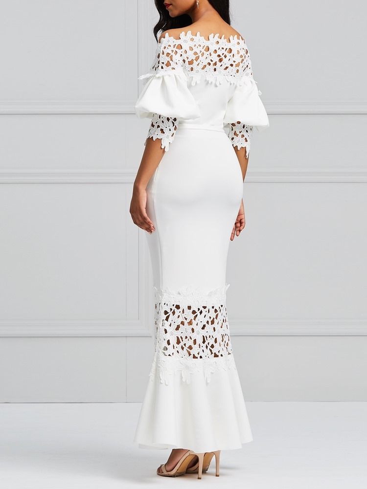 Robe Longue En Dentelle Blanche À Manches Lanternes Pour Femmes