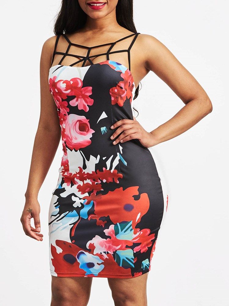 Robe Moulante Dos Nu À Bretelles Spaghetti À Imprimé Floral Pour Femmes